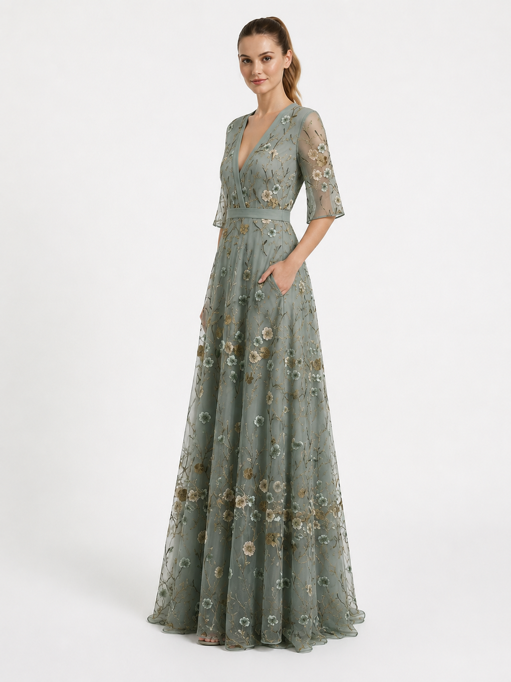 Virelle | Long Floral Dress with V-Neck