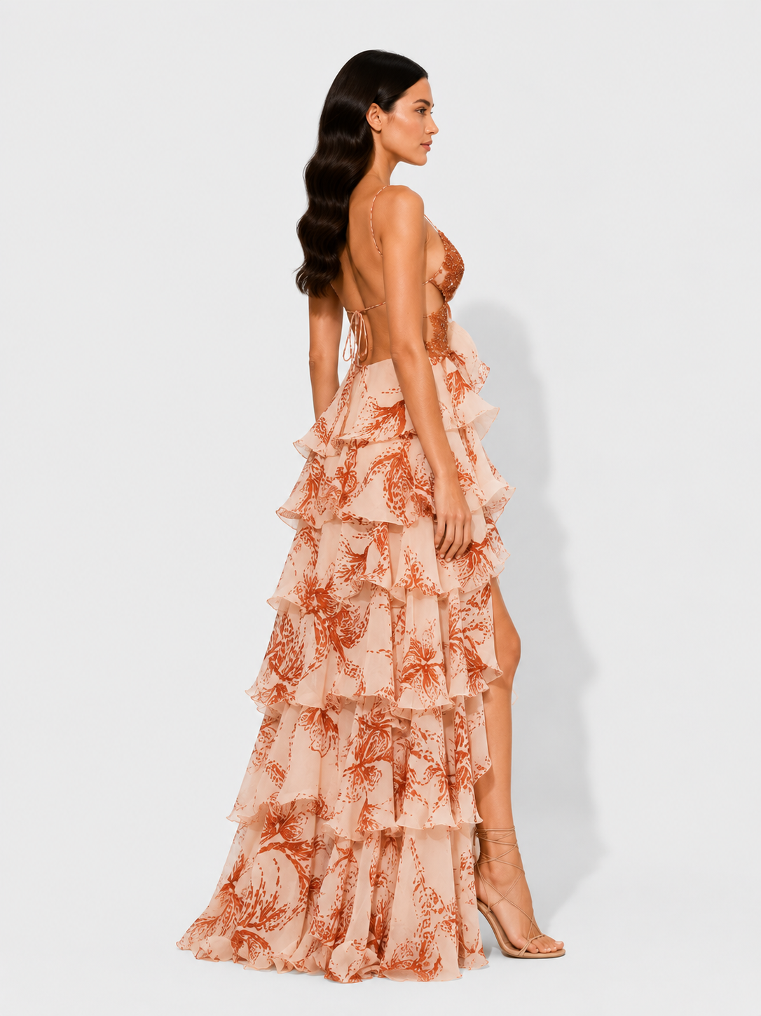 Virelle | Long Ruffled Dress with Jewel Neckline