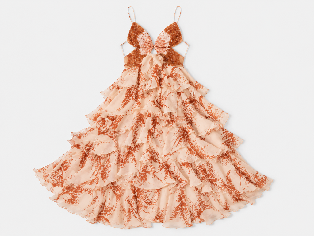 Virelle | Long Ruffled Dress with Jewel Neckline