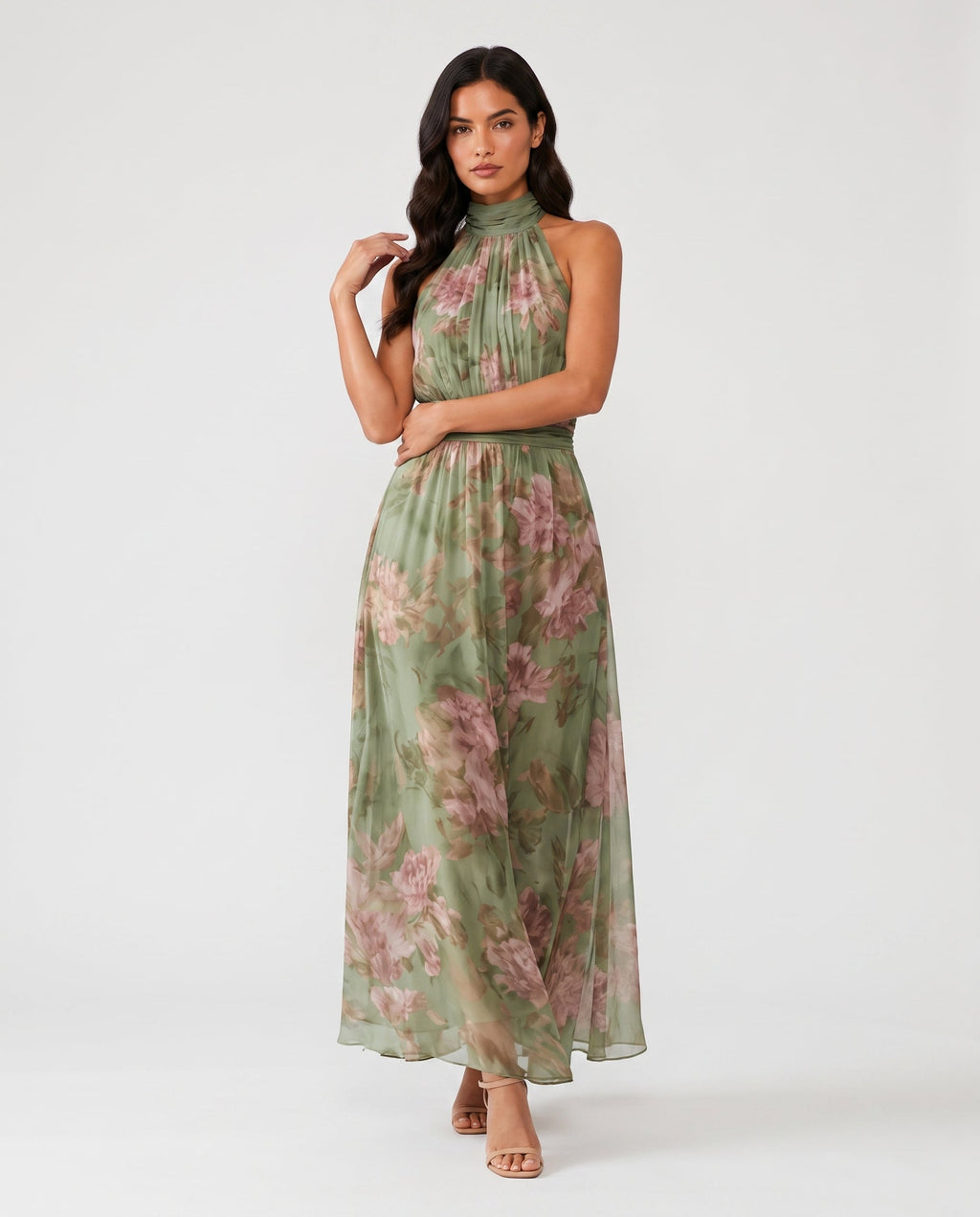 Virelle | Women's Midi Dress with Halter Neck, Pleated Floral Design