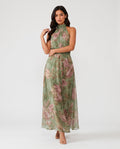 Virelle | Women's Midi Dress with Halter Neck, Pleated Floral Design