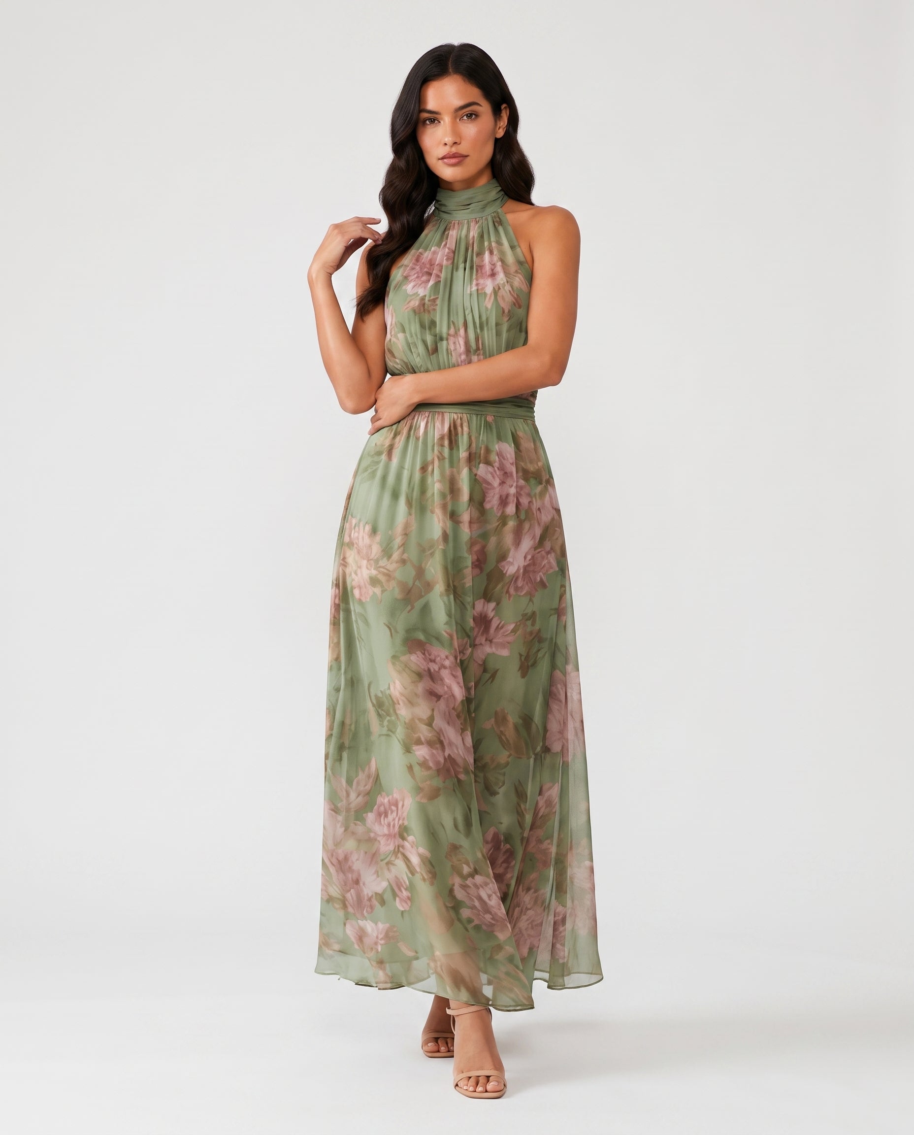 Virelle | Women's Midi Dress with Halter Neck, Pleated Floral Design