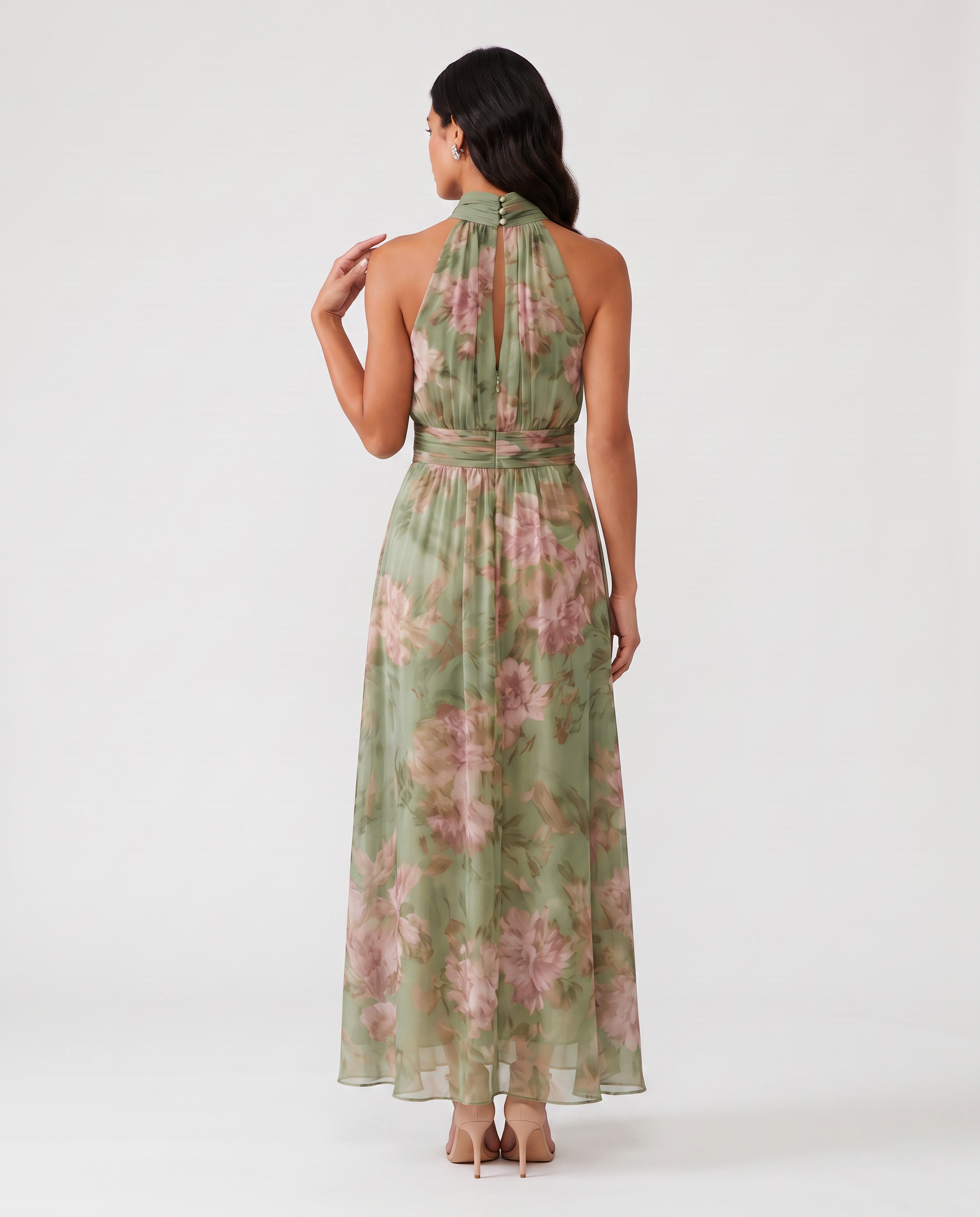 Virelle | Women's Midi Dress with Halter Neck, Pleated Floral Design