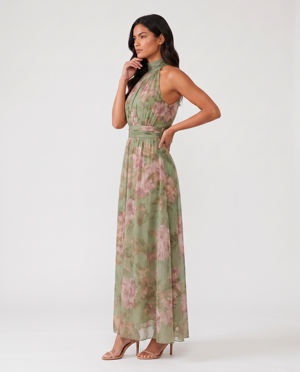 Virelle | Women's Midi Dress with Halter Neck, Pleated Floral Design