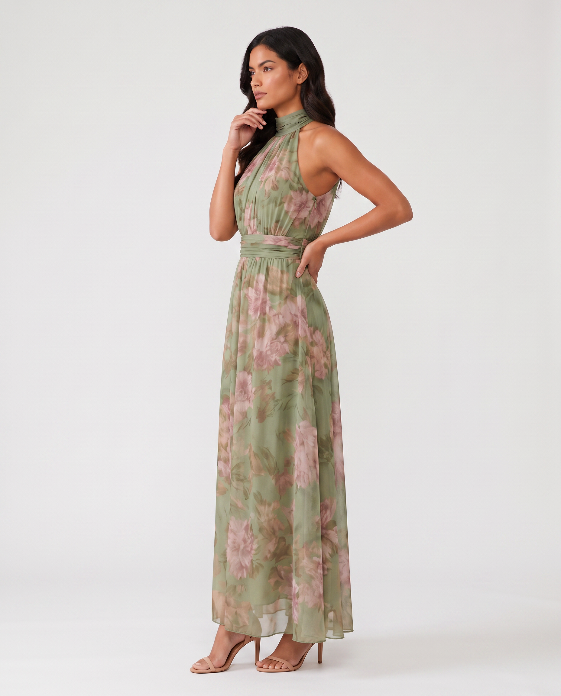 Virelle | Women's Midi Dress with Halter Neck, Pleated Floral Design