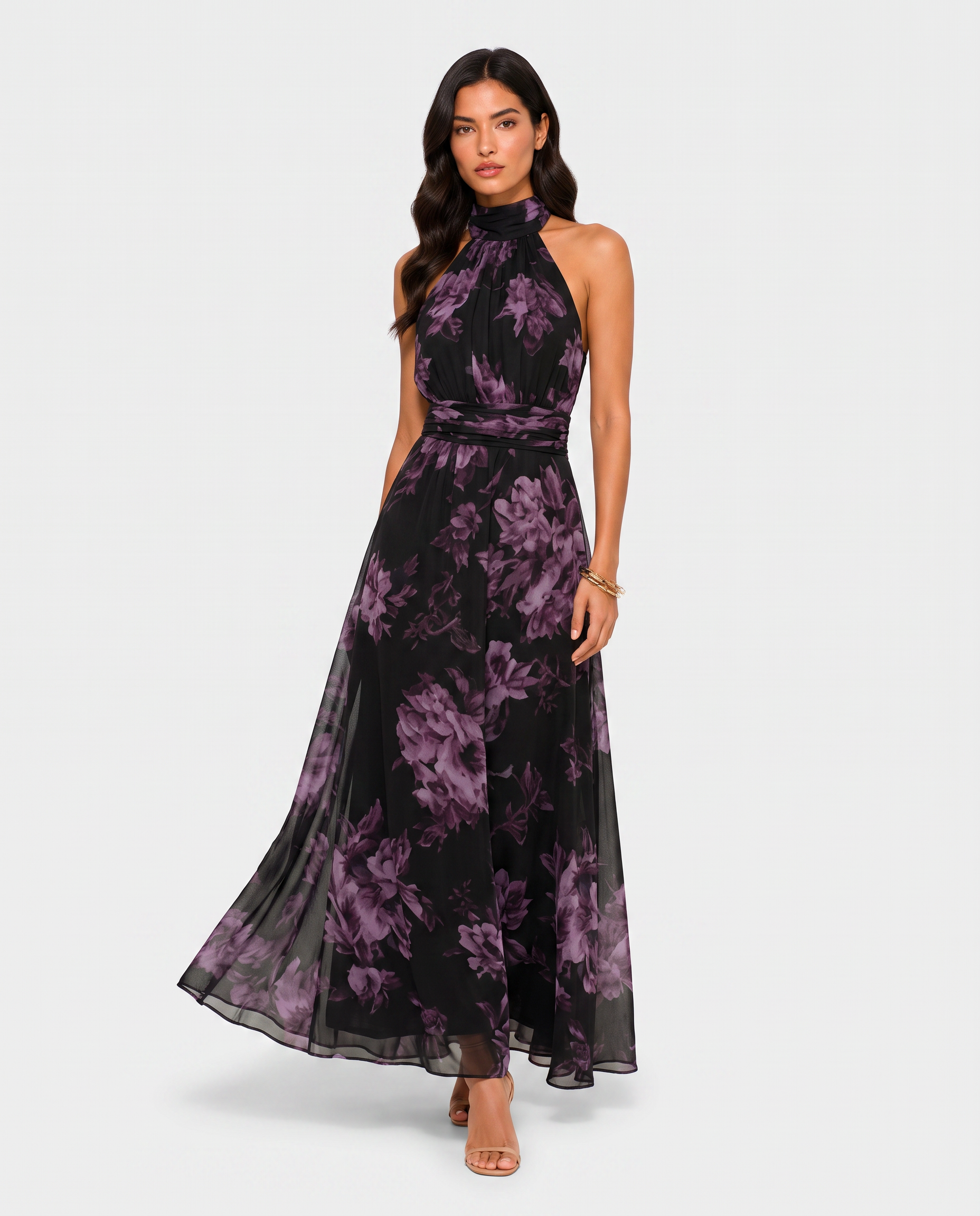 Virelle | Women's Midi Dress with Halter Neck, Pleated Floral Design