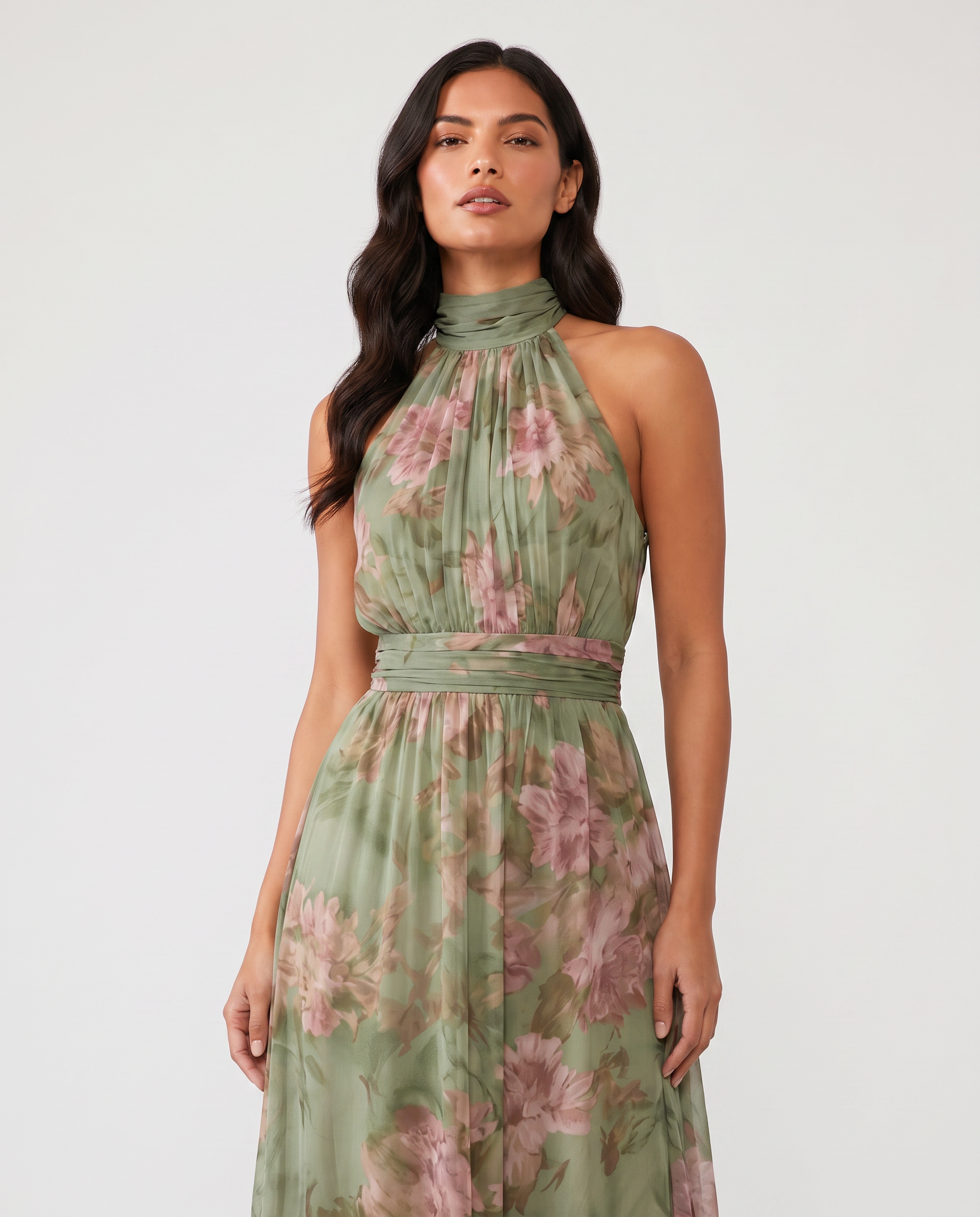 Virelle | Women's Midi Dress with Halter Neck, Pleated Floral Design