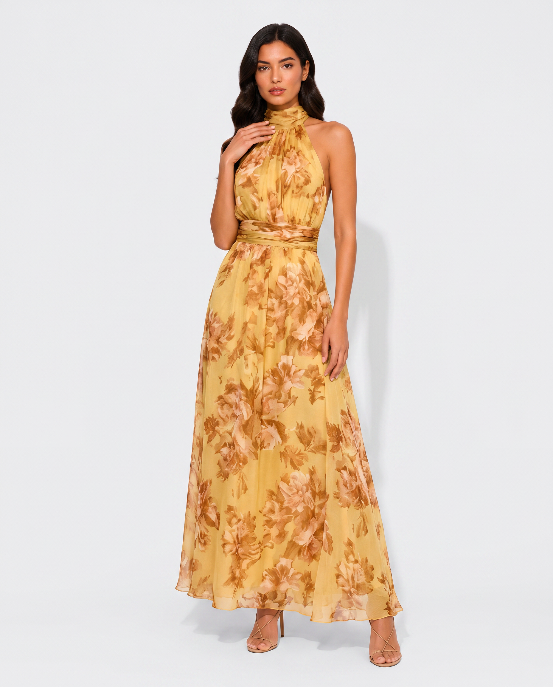 Virelle | Women's Midi Dress with Halter Neck, Pleated Floral Design