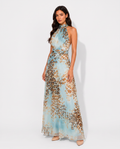 Virelle | Women's Blue Leopard Print Maxi Dress with Halter Neck