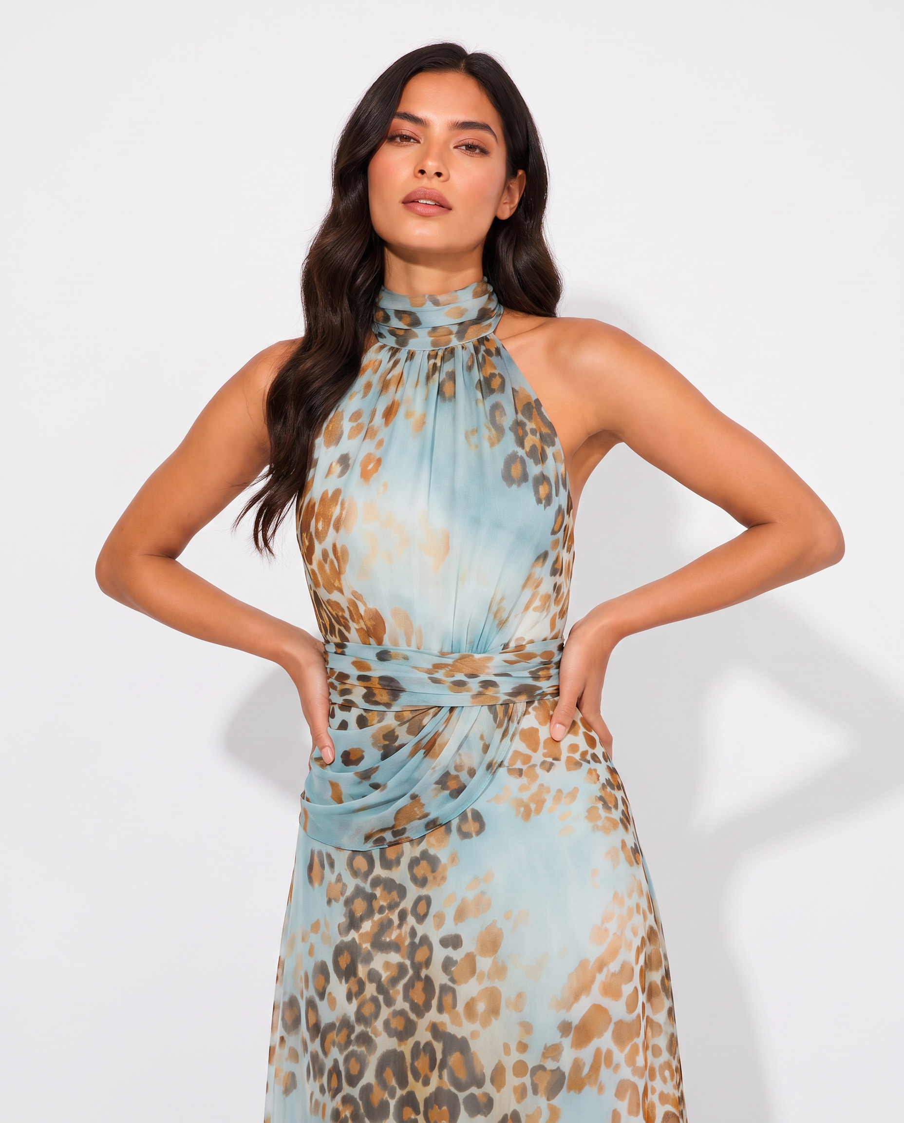 Virelle | Women's Blue Leopard Print Maxi Dress with Halter Neck