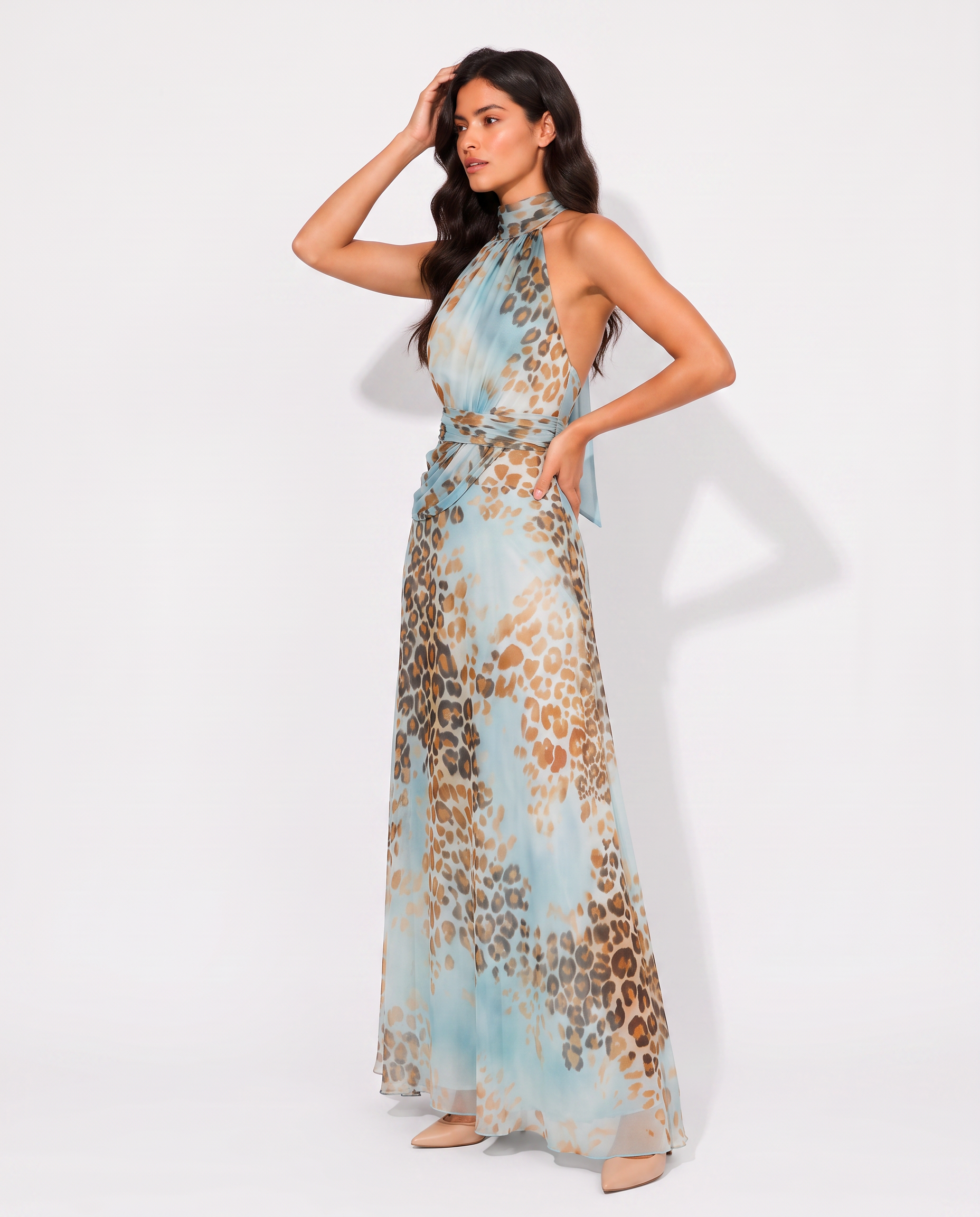 Virelle | Women's Blue Leopard Print Maxi Dress with Halter Neck