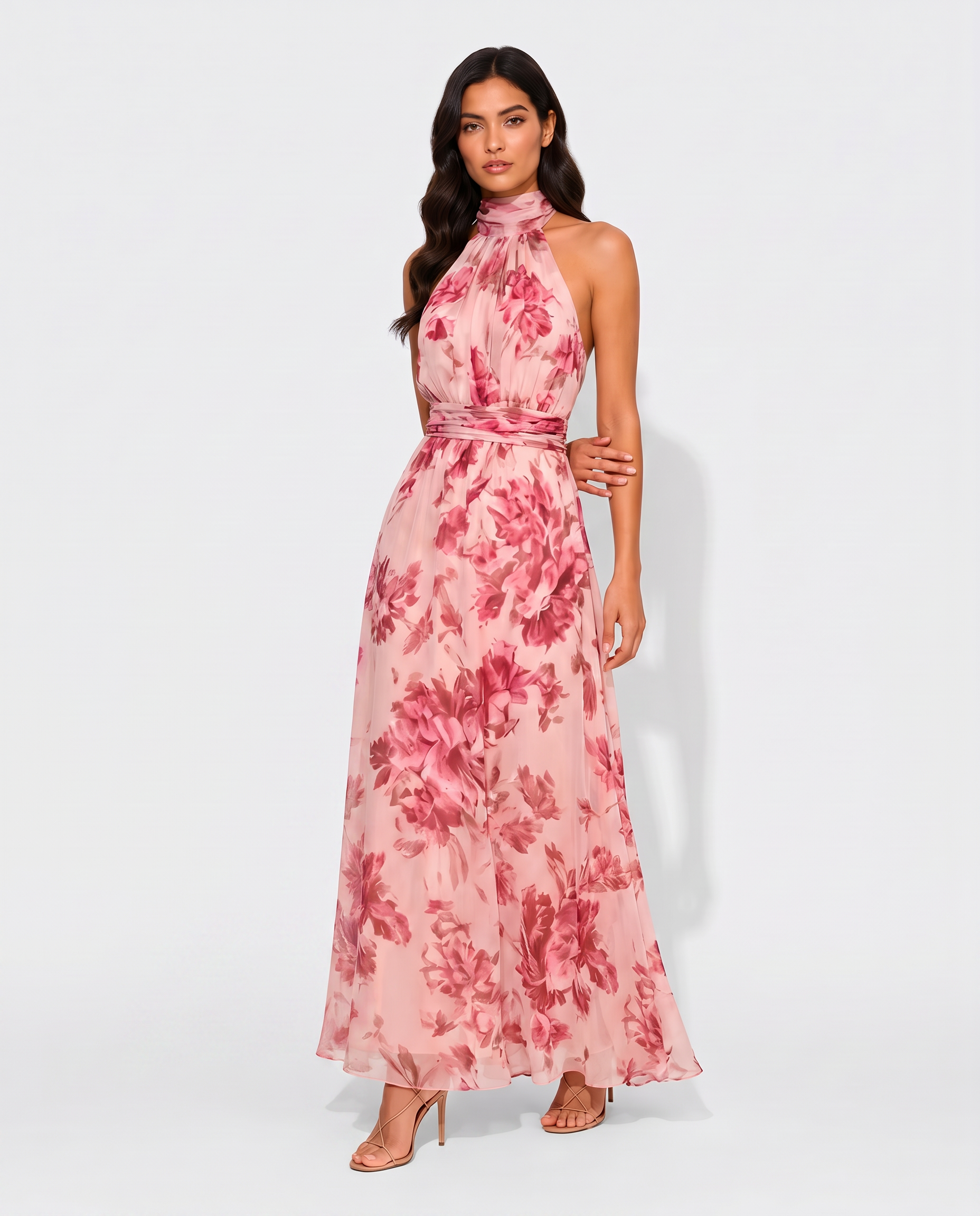 Virelle | Women's Midi Dress with Halter Neck, Pleated Floral Design