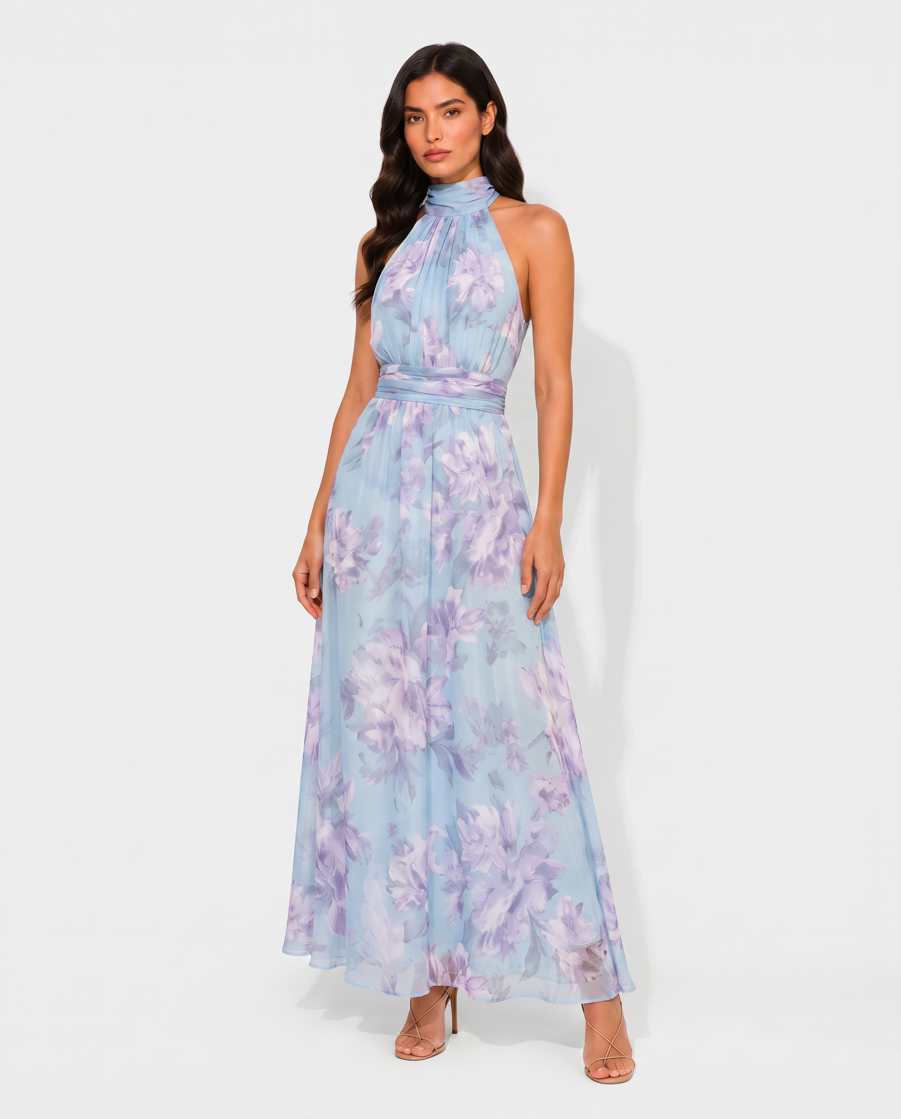 Virelle | Women's Midi Dress with Halter Neck, Pleated Floral Design
